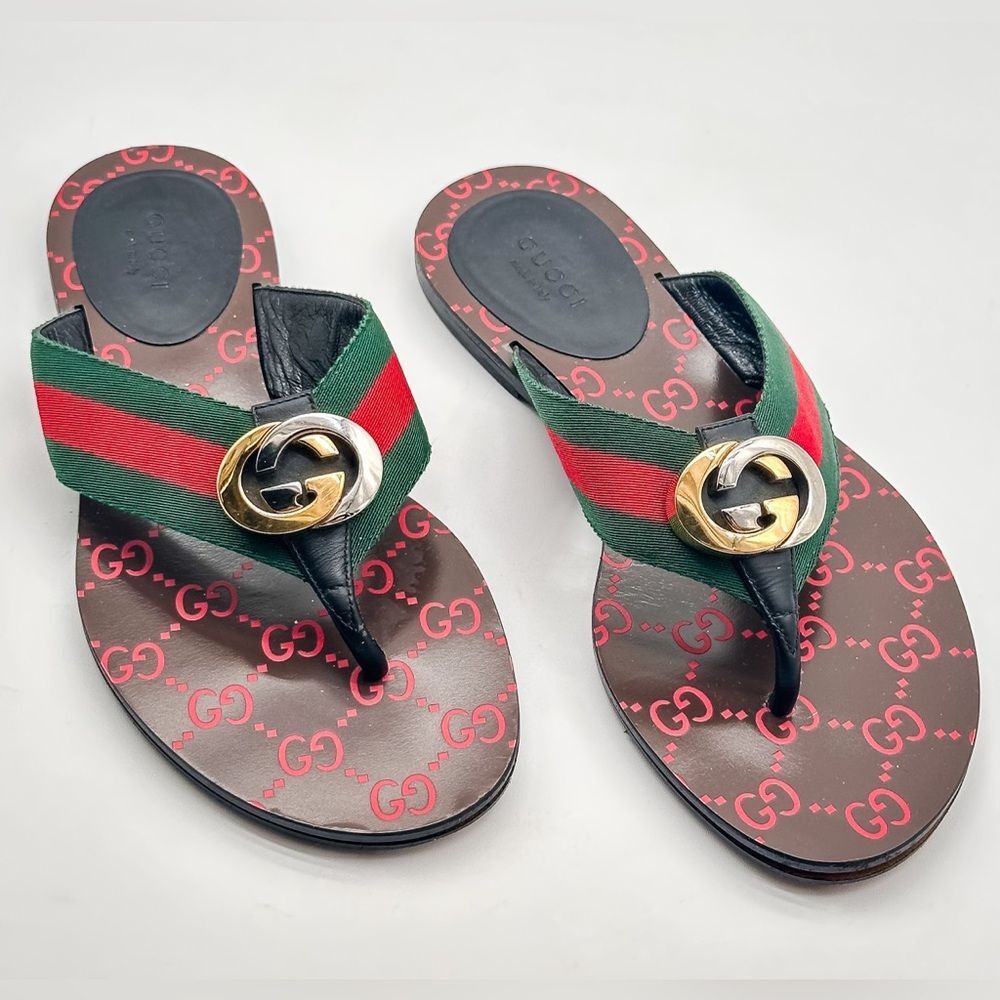 Gucci Kika GG Web Stripe Thong Sandals Black Red Flip Flop Flats EU 37 US 7